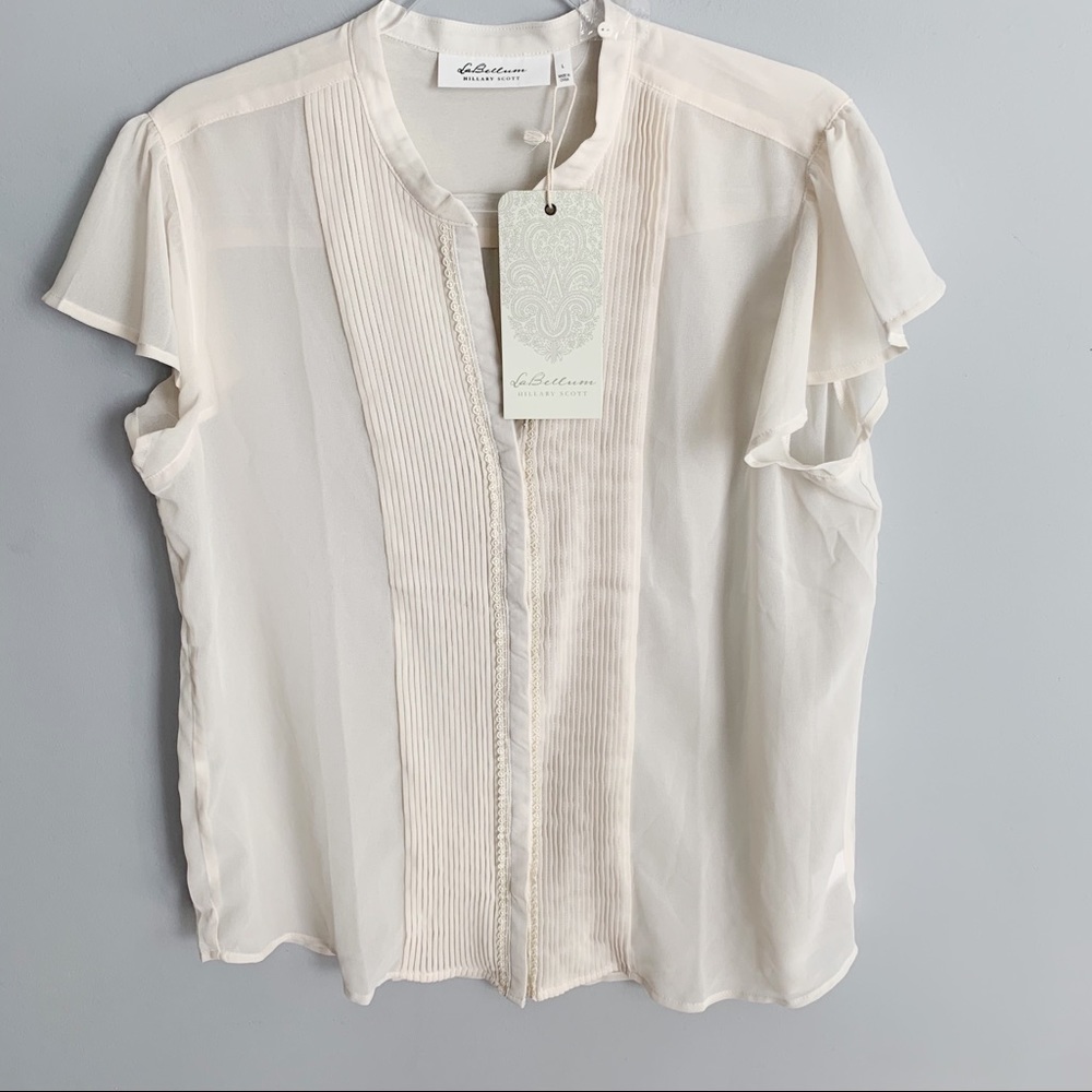 LaBellum Hillary Scott Flutter Sleeve Sheer Blouse